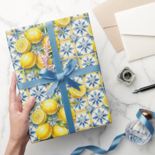 Papel De Presente Limões de Amalfi, Diamantes e Azulejos Mediterrâne
