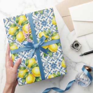 Papel De Presente Limões de Amalfi, Diamantes e Azulejos Mediterrâne