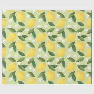 Papel De Presente Limões e Flores Brancas em Fundo Verde