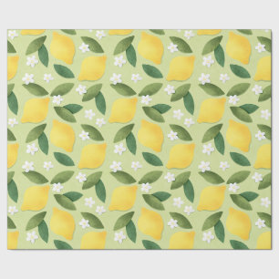 Papel De Presente Limões e Flores Brancas em Fundo Verde