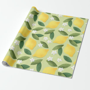 Papel De Presente Limões e Flores Brancas em Fundo Verde