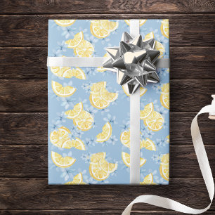 Papel De Presente Limões Fatiados e Flores em Aquarela Azul