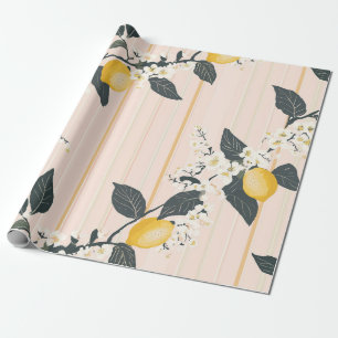 Papel De Presente Limões Vintage e Blooms em faixas cor-de-rosa