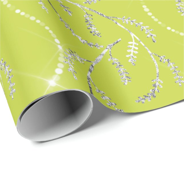 Papel De Presente Limon Yellow Spark Laurel Floral Silver Diamantes (Ponta do rolo)