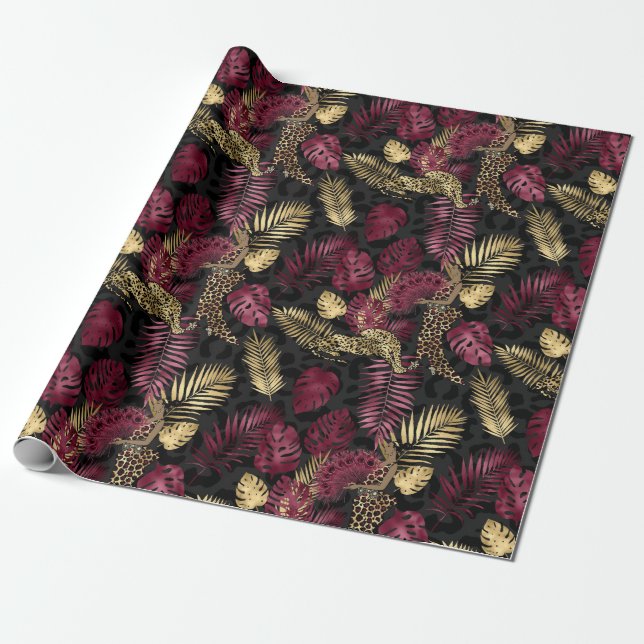 Papel De Presente Linda Borgonha e Dourada Safari (Desenrolado)