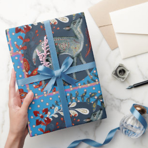 Papel De Presente Linda Cena de Veado Flor Vermelho Azul