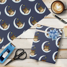 Papel De Presente Linda Coruja Marrom Crescente Estrelas Azuis