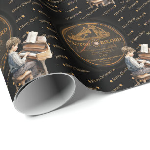 Papel De Presente Linda Criança Piano Victor Record Black Bronze