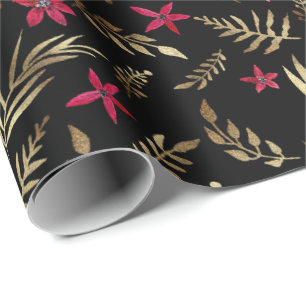 Papel De Presente Linda flor vermelha ouro brilha preto