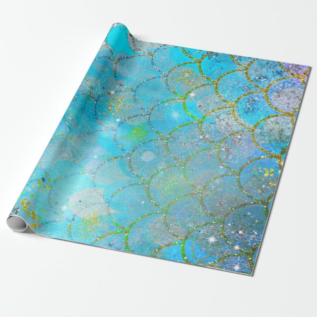 Papel De Presente Linda Pérola Iridescente Brilho Escamas de Sereia (Desenrolado)