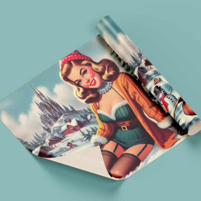 Papel De Presente Linda Pin-up de Inverno Retrô (Criador carregado)