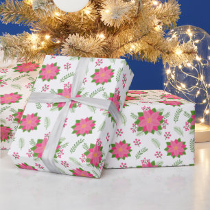 Papel De Presente Linda Poinsettia de Inverno Rosa em Padrão Branco