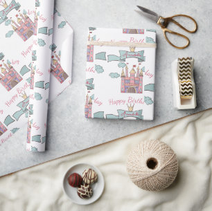 Papel De Presente Linda Princesa do Conto de Fadas Rosa Castelo Nome