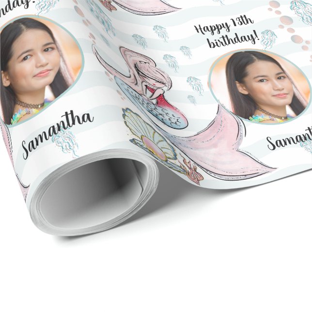 Papel De Presente Linda Sereia de Foto Personalizada Sob O Mar (Ponta do rolo)