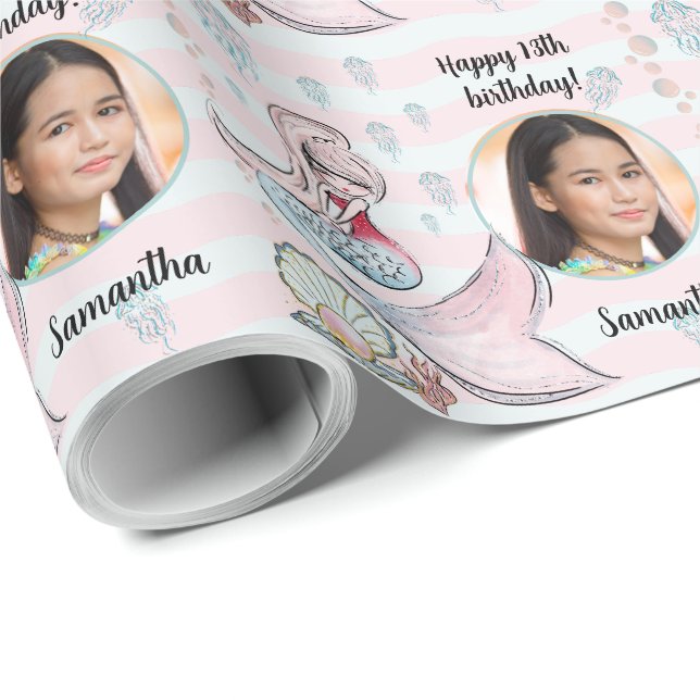 Papel De Presente Linda Sereia de Foto Personalizada Sob O Mar (Ponta do rolo)