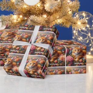 Papel De Presente Linda Tabby Laranja Gato e Flores