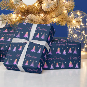 Papel De Presente Lindas árvores cor-de-rosa e feliz azul de Natal