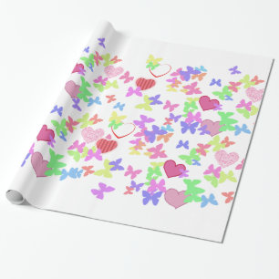 Papel De Presente Lindas borboletas coloridas e corações rosa, verme
