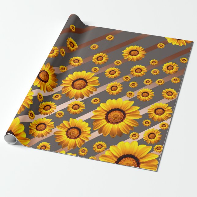 Papel De Presente Lindas flores amarelas nas cinzas, listras castanh (Desenrolado)