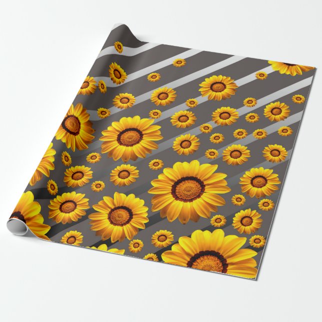 Papel De Presente Lindas flores amarelas nas cinzas, listras pratead (Desenrolado)