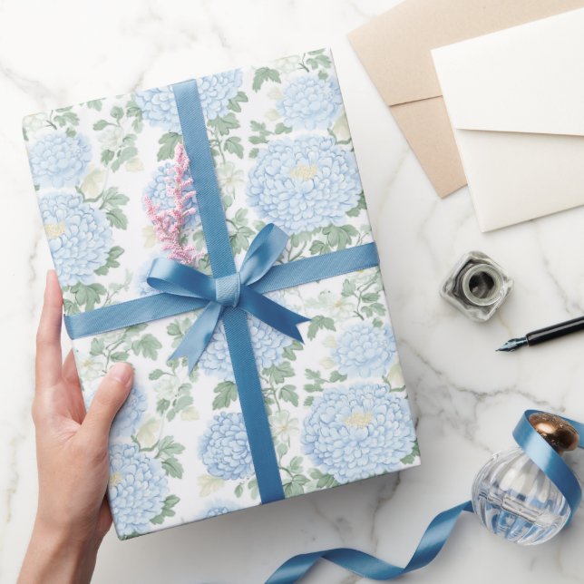 Papel De Presente Lindas Flores Brancas Azul Claro Chá de Noiva (Presentear)