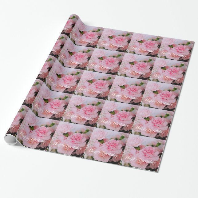 Papel De Presente Lindas flores cor-de-rosa, feliz aniversário (Desenrolado)