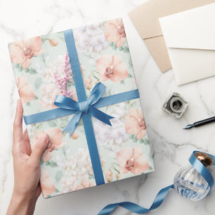 Papel De Presente Lindas Flores de Orquídea Pêssego Menta Aniversári