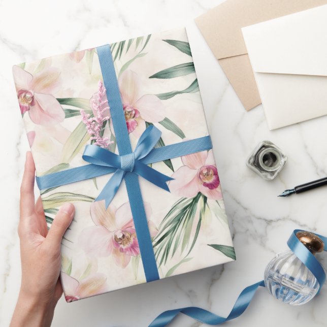 Papel De Presente Lindas Flores de Orquídea Tropical Rosa em Chuveir (Presentear)