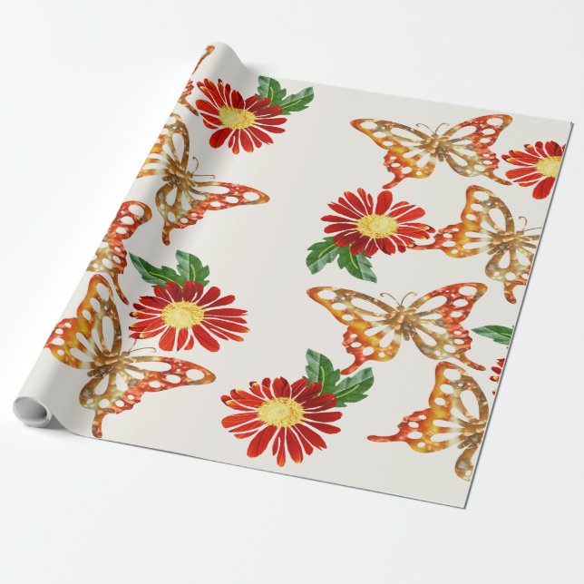 Papel De Presente Lindas flores laranja e borboletas  (Desenrolado)