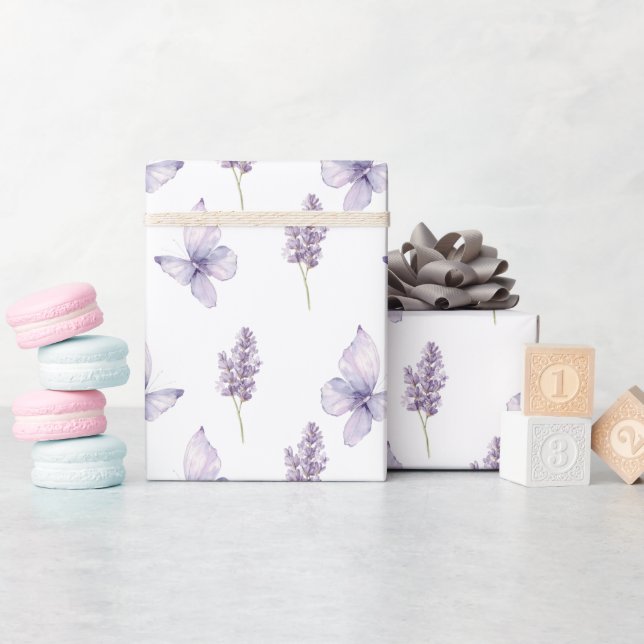 Papel De Presente Lindas Flores Lavanda Borboleta Chá de Bebê  (Chá de bebê)