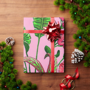 Papel De Presente Lindas Folhas Verdes Tropicais com Flores Vermelha