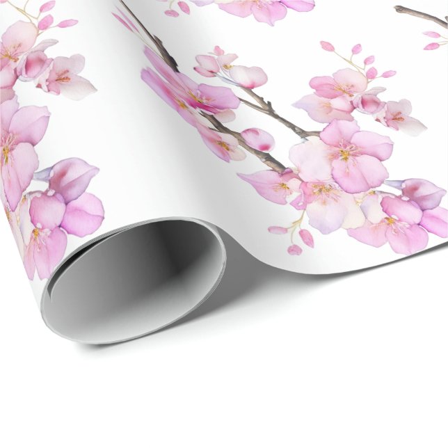 Papel De Presente Lindíssimas flores de cerejeira Sakura em aquarela (Ponta do rolo)