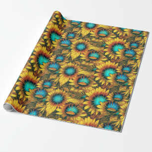 Papel De Presente Lindo Amarelo de Girassol Azul Turquesa Padrão Abs