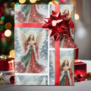 Papel De Presente Lindo Anjo de Natal Vermelho e Verde com Neve