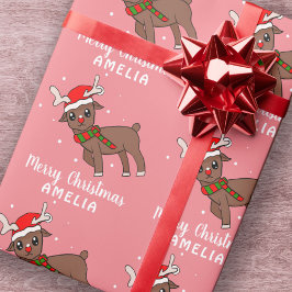 Papel De Presente Lindo Cervo com Chapéu de Papai Noel Rosa Crianças