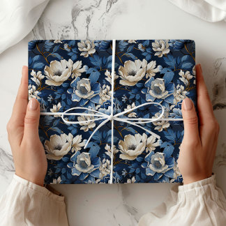 Papel De Presente Lindo Enfeite Floral de Marfim Azul