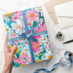 Papel De Presente Lindo Floral Retro Rosa e Azul 