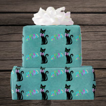 Lindo Gato Preto Meados do Século Laço Rosa Natal