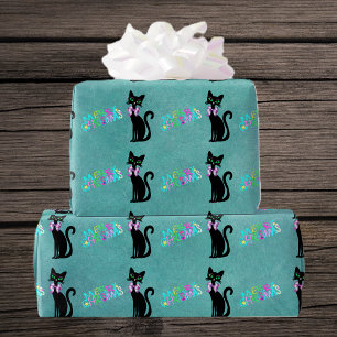 Papel De Presente Lindo Gato Preto Meados do Século Laço Rosa Natal