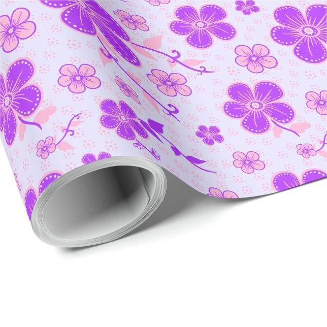 Papel De Presente Lindo Impresso Floral Roxo e Rosa em Lavanda (Ponta do rolo)