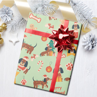 Papel De Presente Lindo Natal Verde Dachshund Alegre Woofmas