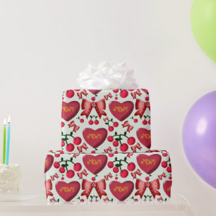 Papel De Presente Lindo Padrão de Laço de Cereja para Mãe no Dia das