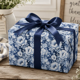 Papel De Presente Lindo Padrão Floral Azul Índigo Elegante