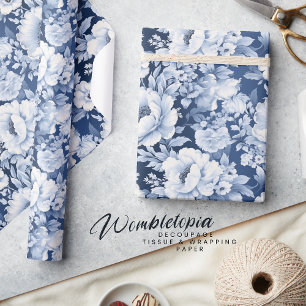 Papel De Presente Lindo Padrão Floral Azul Índigo Elegante