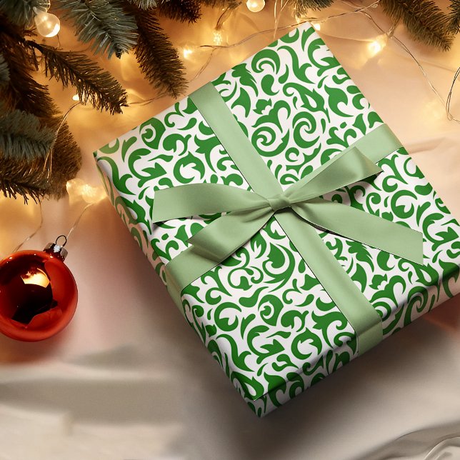 Papel De Presente Lindo padrão floral Damask verde escuro branco (Criador carregado)