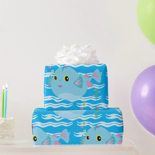 Papel De Presente Lindo Peixe Tropical Azul Barbatanas Rosa