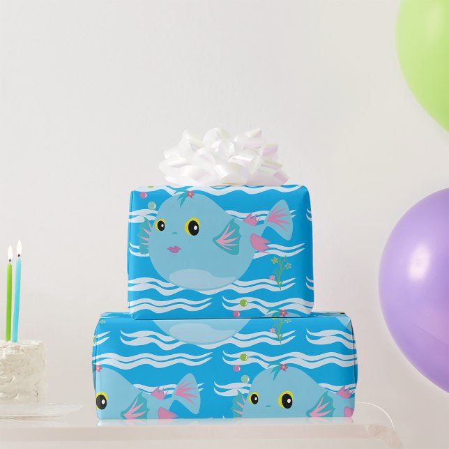 Papel De Presente Lindo Peixe Tropical Azul Barbatanas Rosa (Criador carregado)