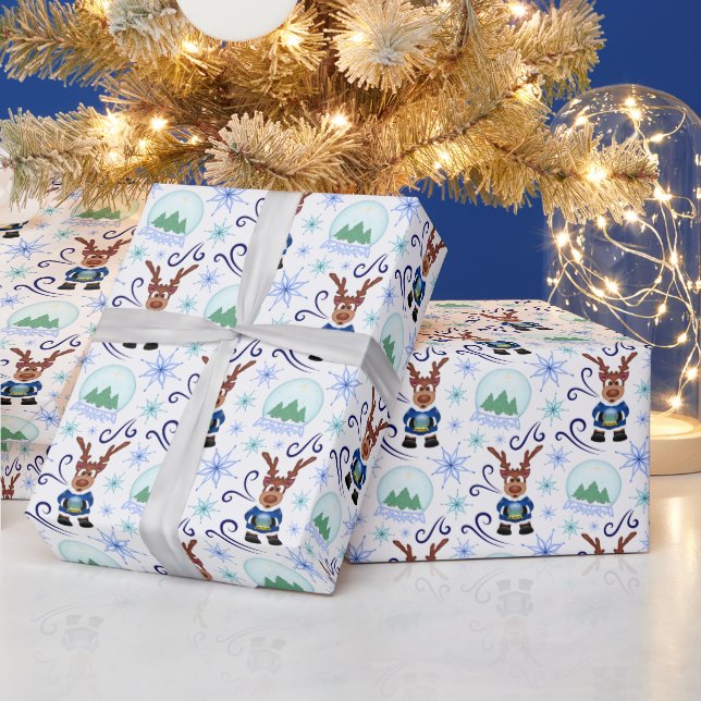 Papel De Presente Lindo Rena de Natal Azul Festivo (Feriados)
