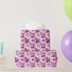 Papel De Presente Lindo Rosa com Estampa Floral Roxa