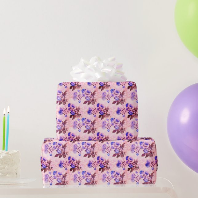 Papel De Presente Lindo Rosa com Estampa Floral Roxa (Presentes para festas)